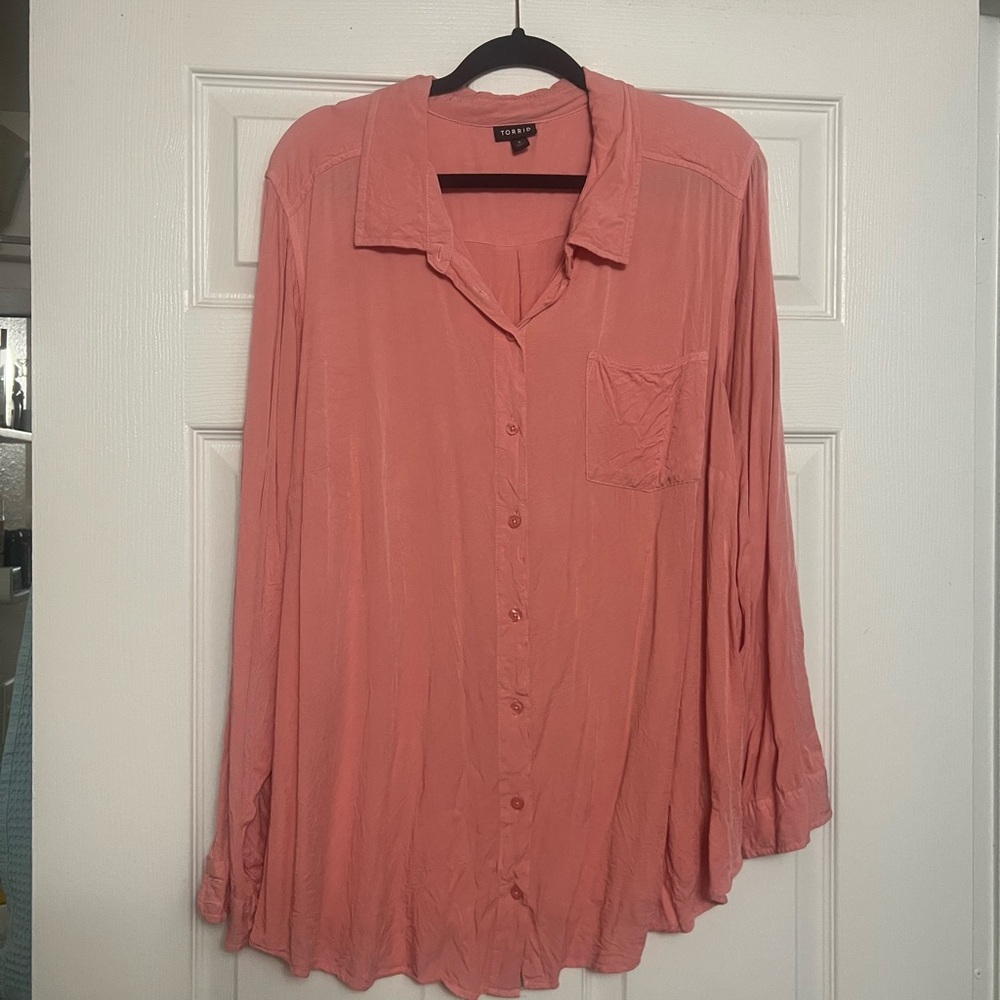 Torrid Pink Button Down Shirt with Notched Collar and Cuffed Sleeves